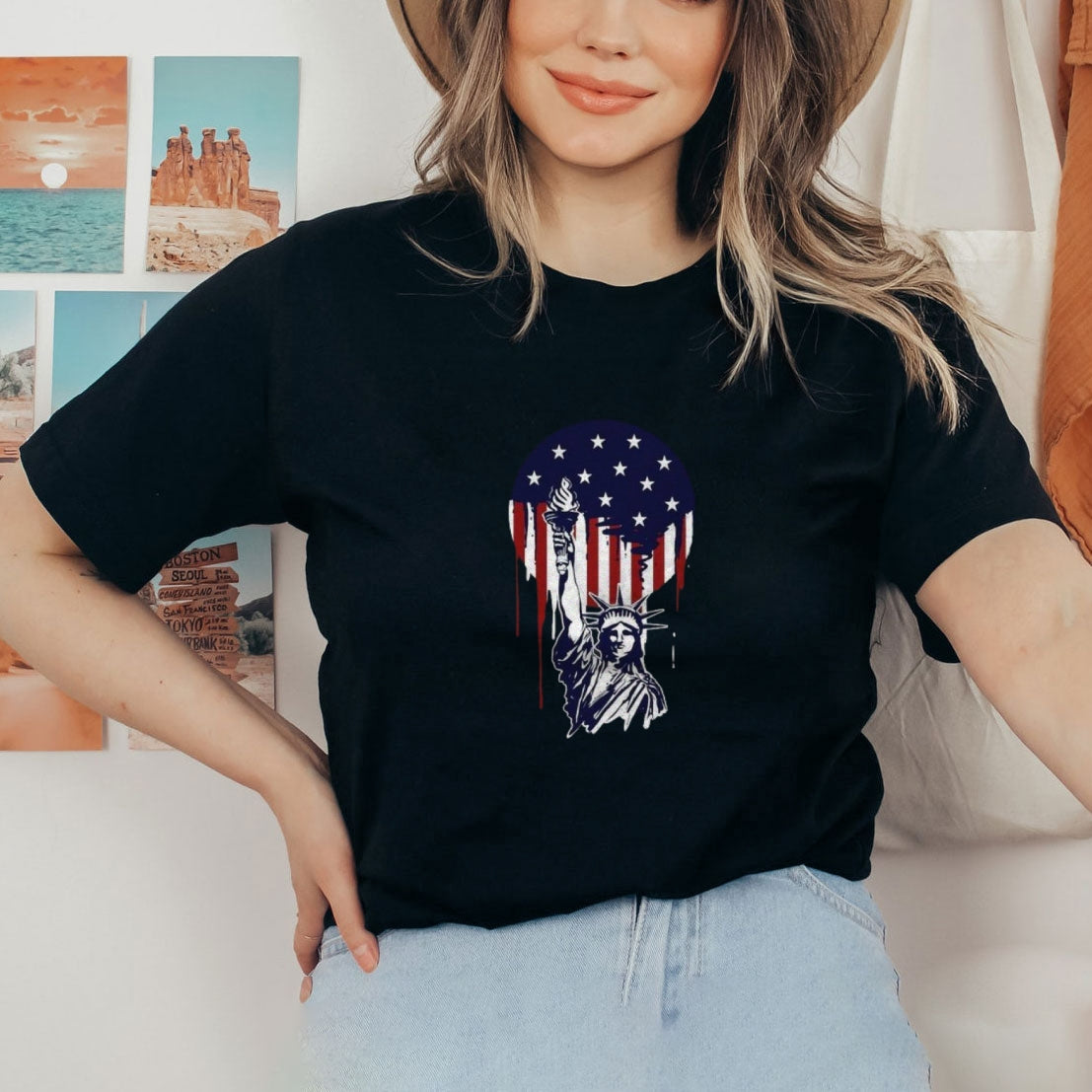 Women Independence Day Freedom Flag Print T-shirt