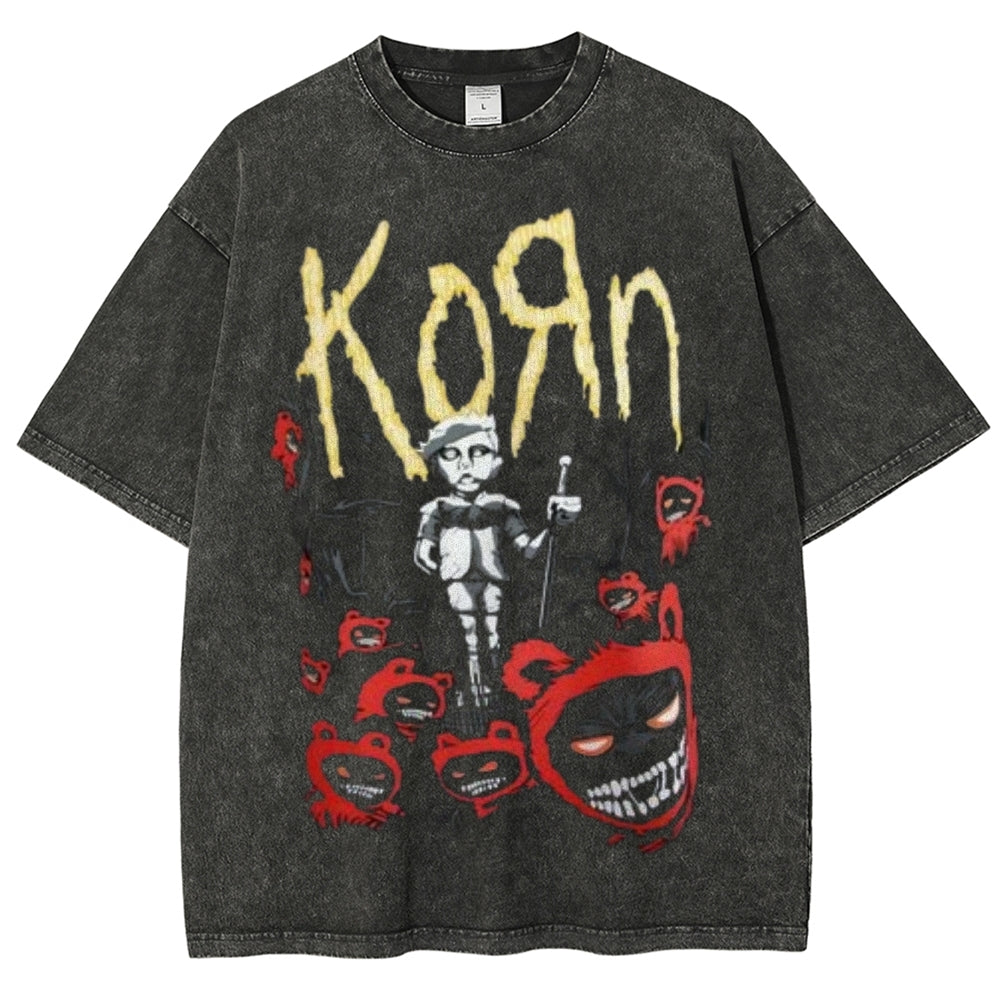 Unisex Vintage The Korn Rock Band Print Short Sleeve Casual Graphic Washed T-shirt