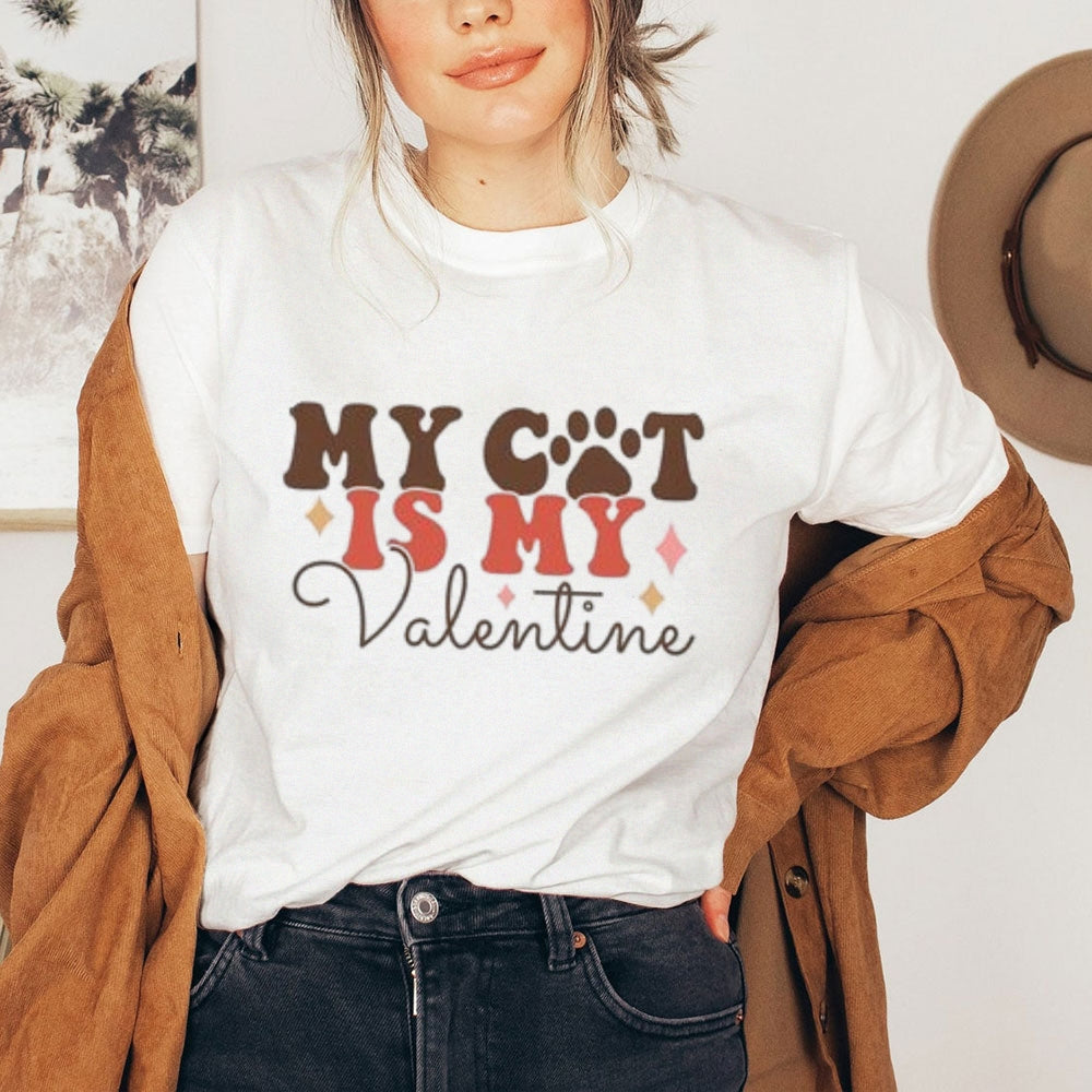 Women My Cat Is My Valentine's Day Print Graphic T-shirt