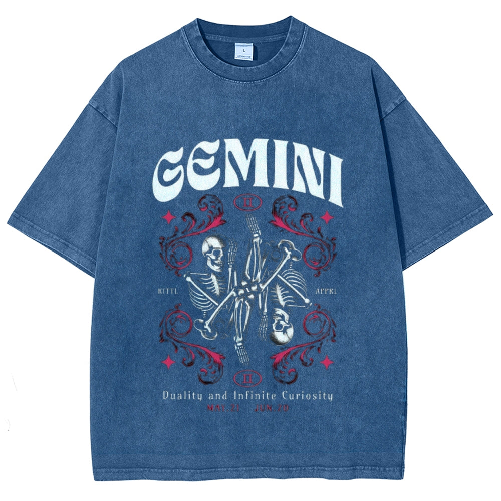 Women Washed Vintage Gemini Skull Graphic T-shirt