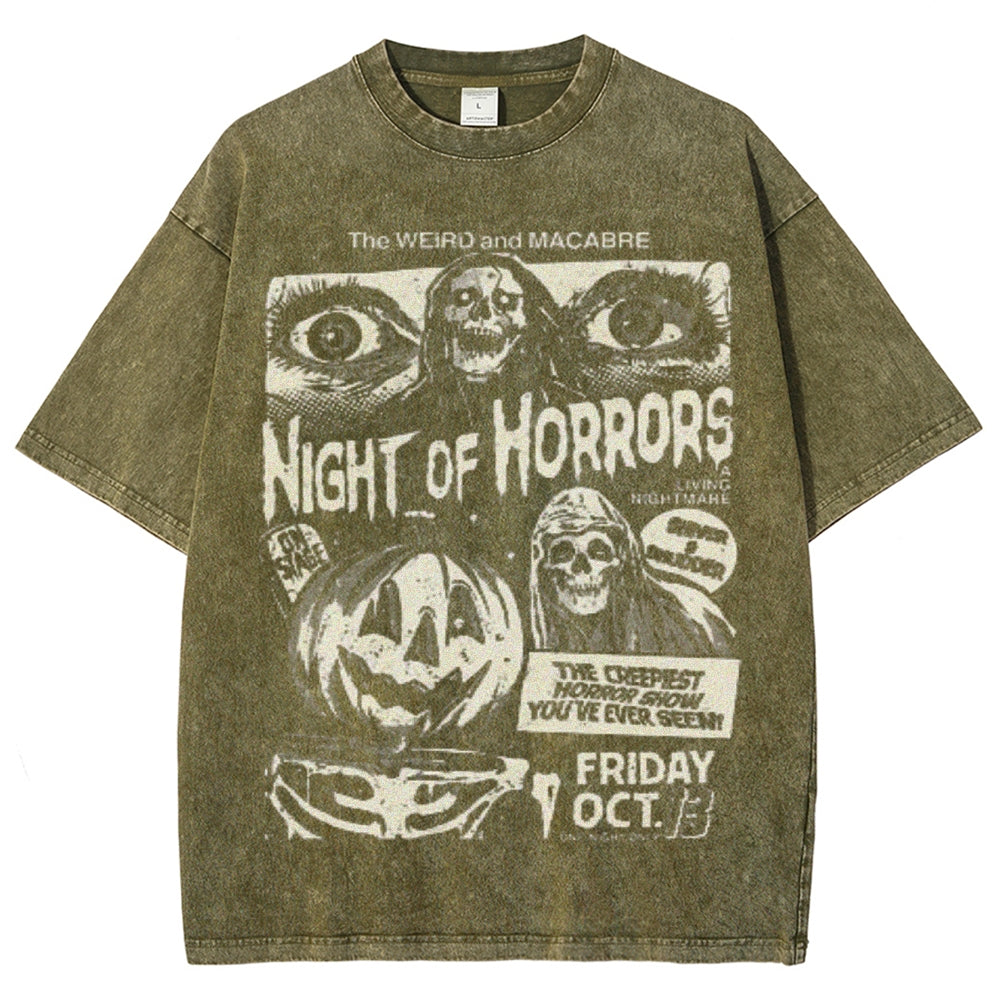 Unisex Vintage Night of Horrors Graphic Short Sleeve Washed T-shirt