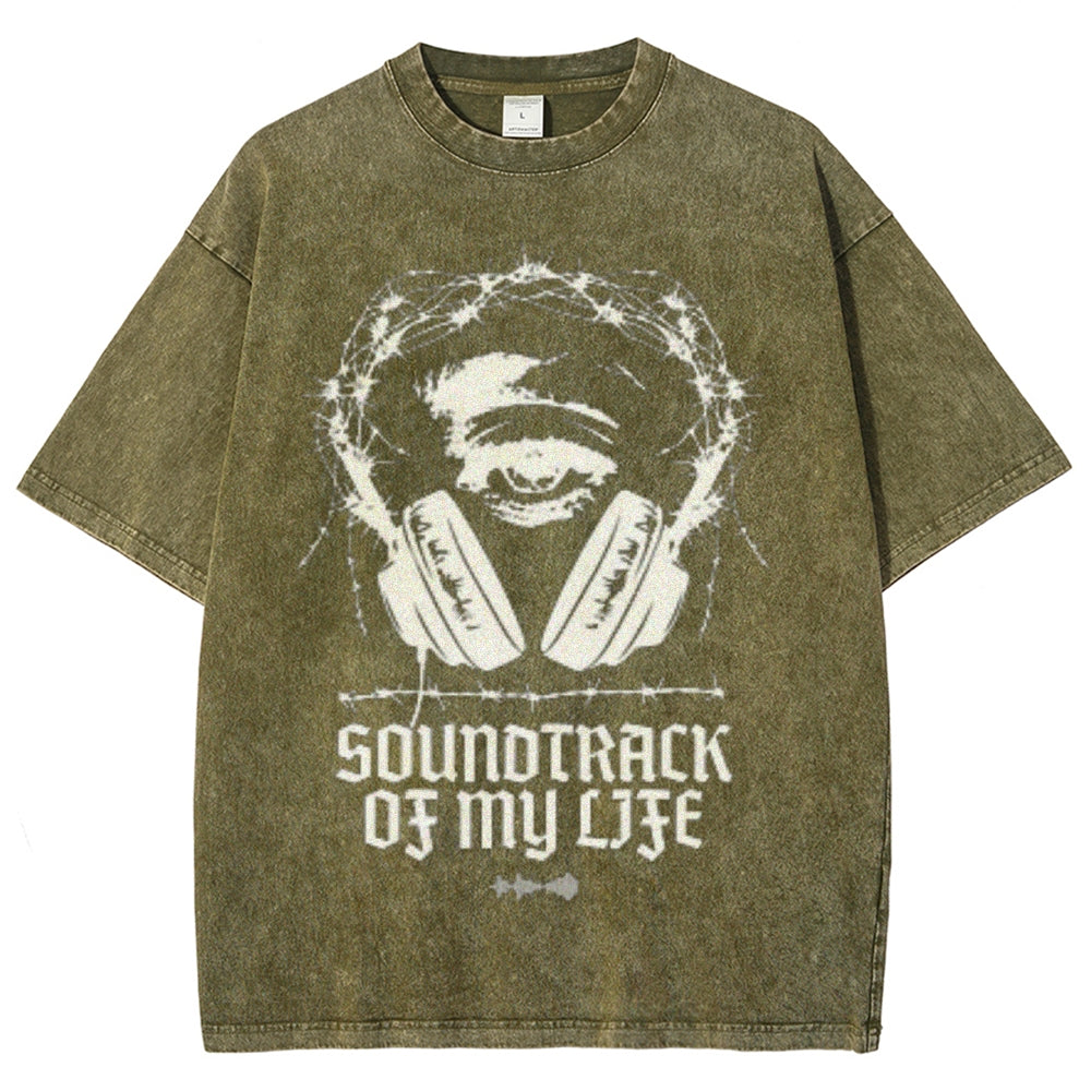 Unisex Vintage Soundtrack Of My Life Graphic Short Sleeve Washed T-shirt