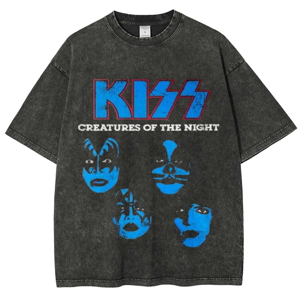 Unisex Vintage The Kiss Rock Band Print Short Sleeve Casual Graphic Washed T-shirt