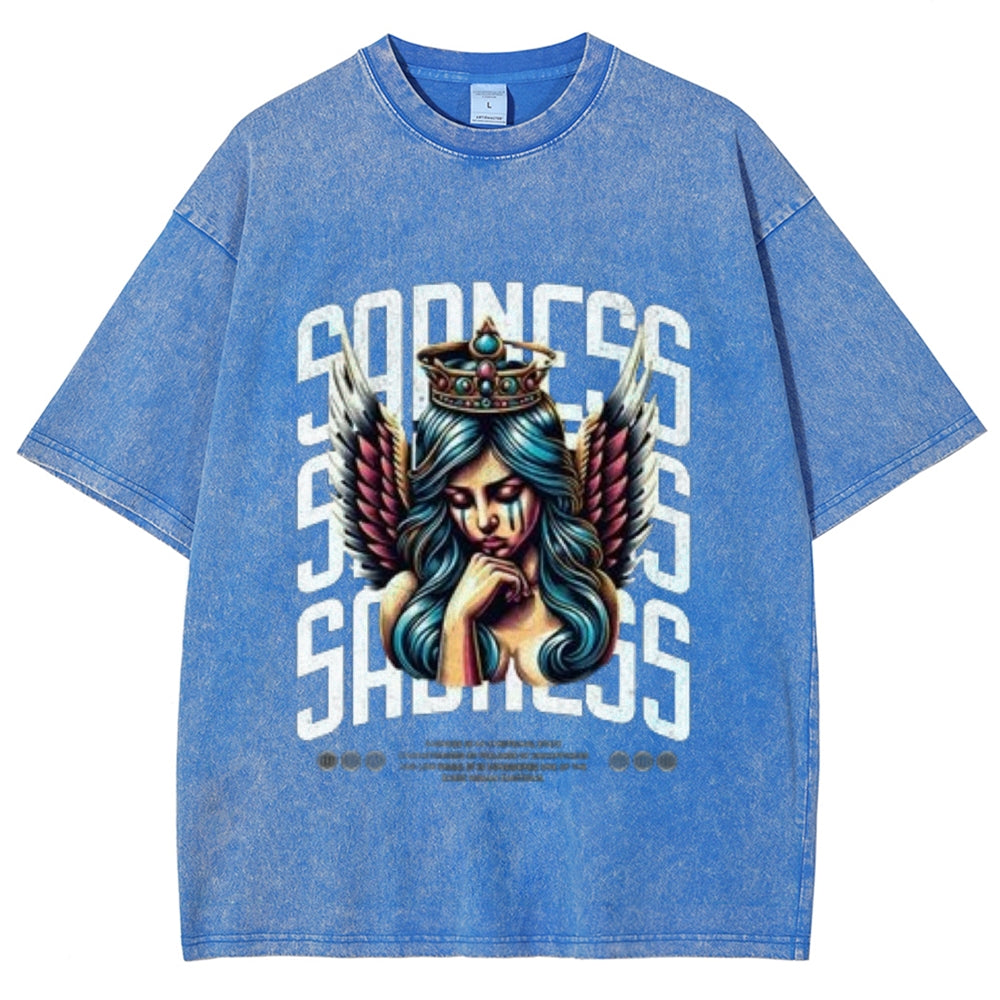 Women Washed Vintage Sading Angel Graphic T-shirt