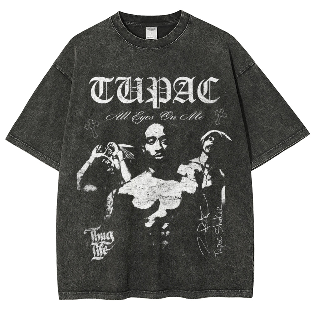 Unisex Vintage Tupac Darkness Style Graphic Short Sleeve Washed T-shirt