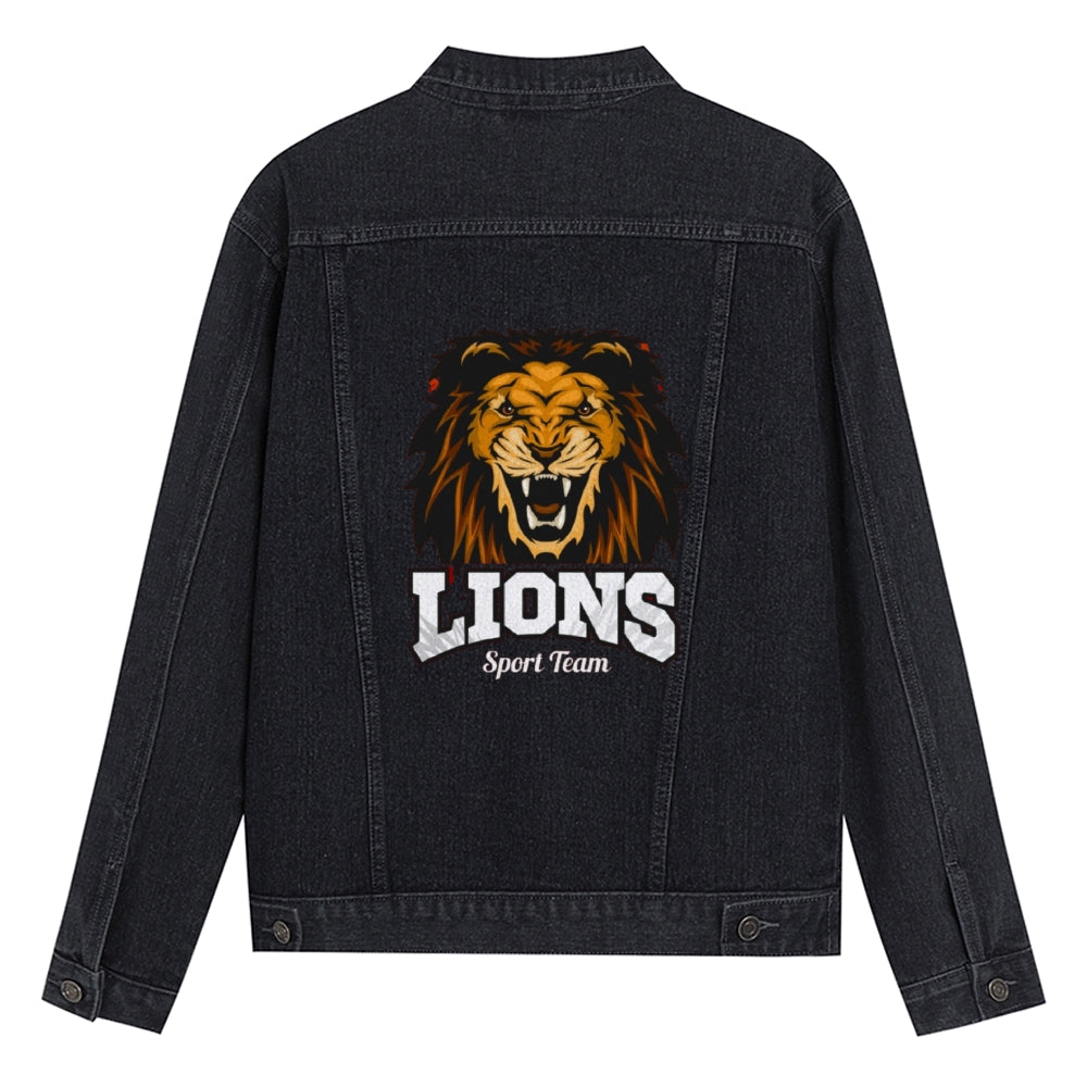 Mens Vintage Cartoon Prints LIONS Sport Team Denim Jacket