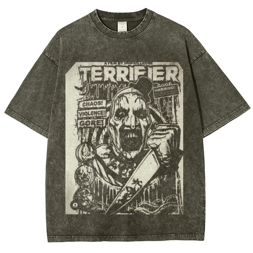 Unisex Vintage Terrifier Horror Graphic Short Sleeve Washed T-shirt