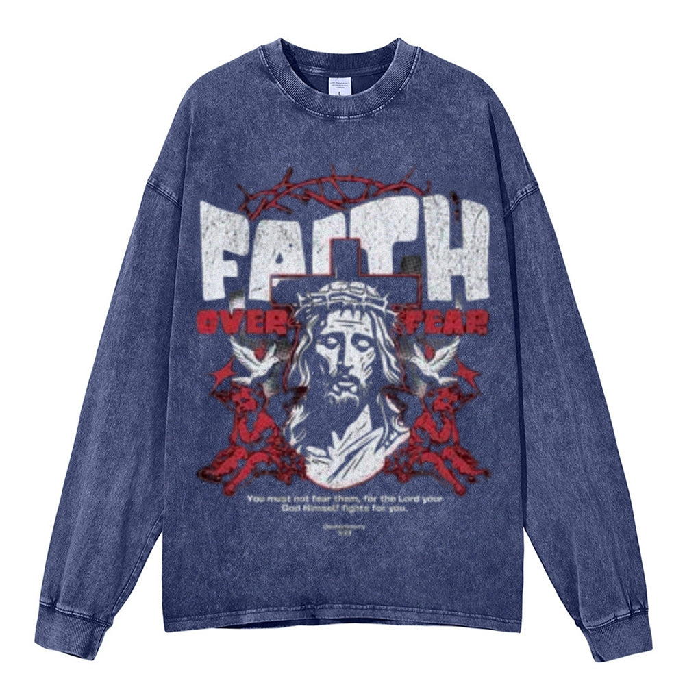 Oversized Vintage Washed Faith Over Fear Gothic Graphic Sweatshirt