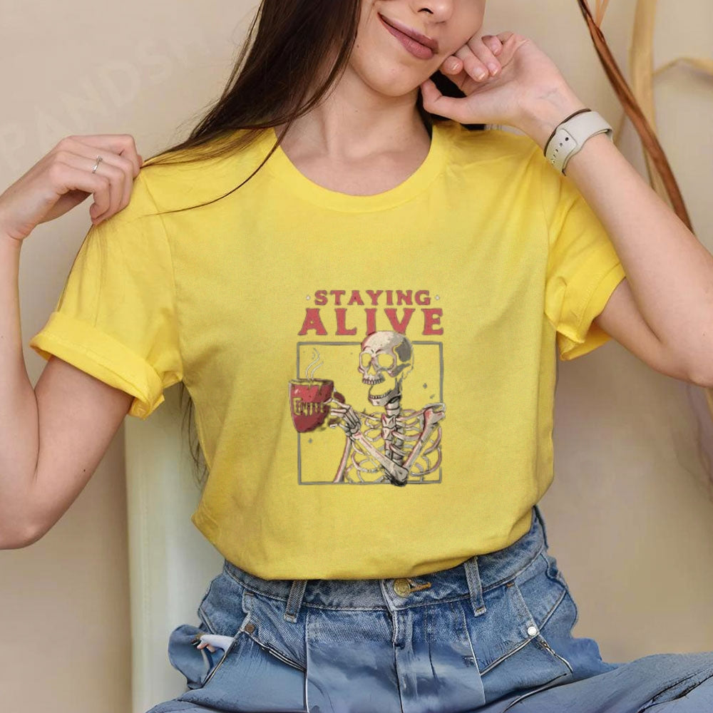 Women Staying Alive Skull Graphic T-shirt