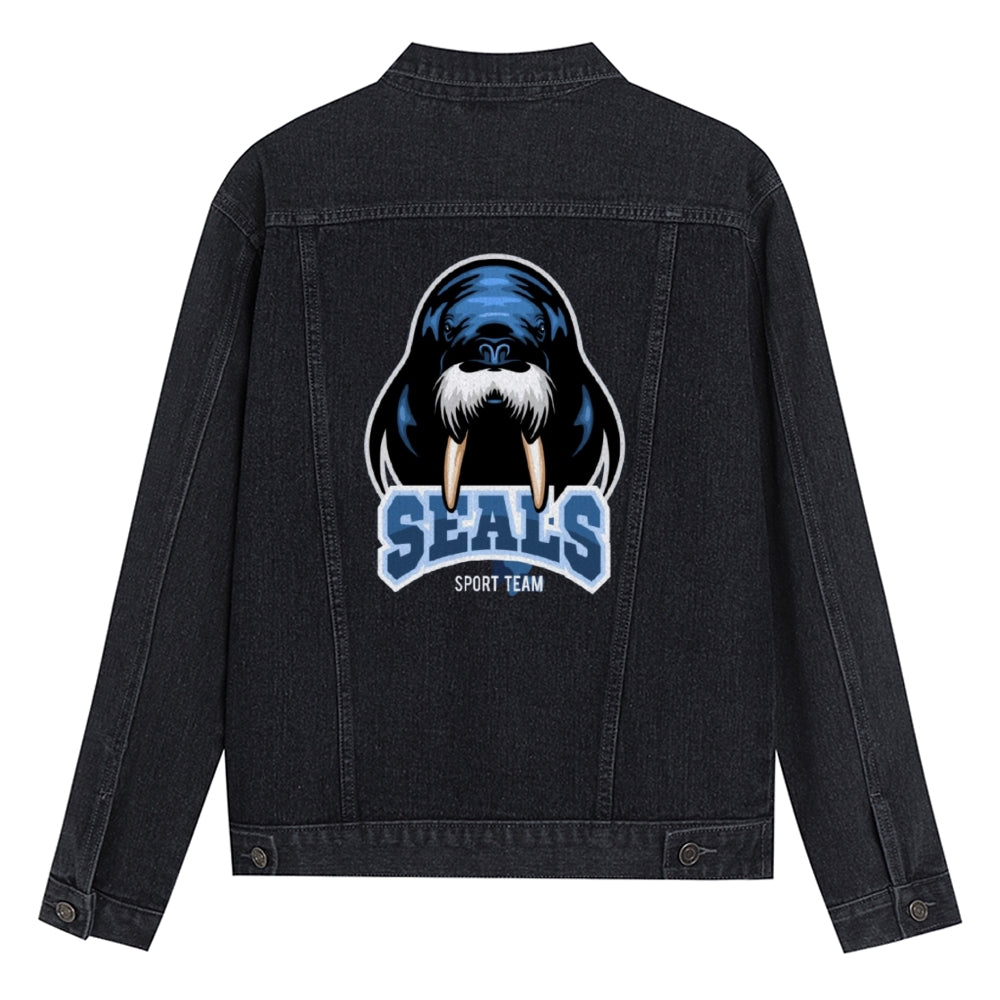 Mens Vintage Cartoon Prints SEALS SPORT TEAM Denim Jacket