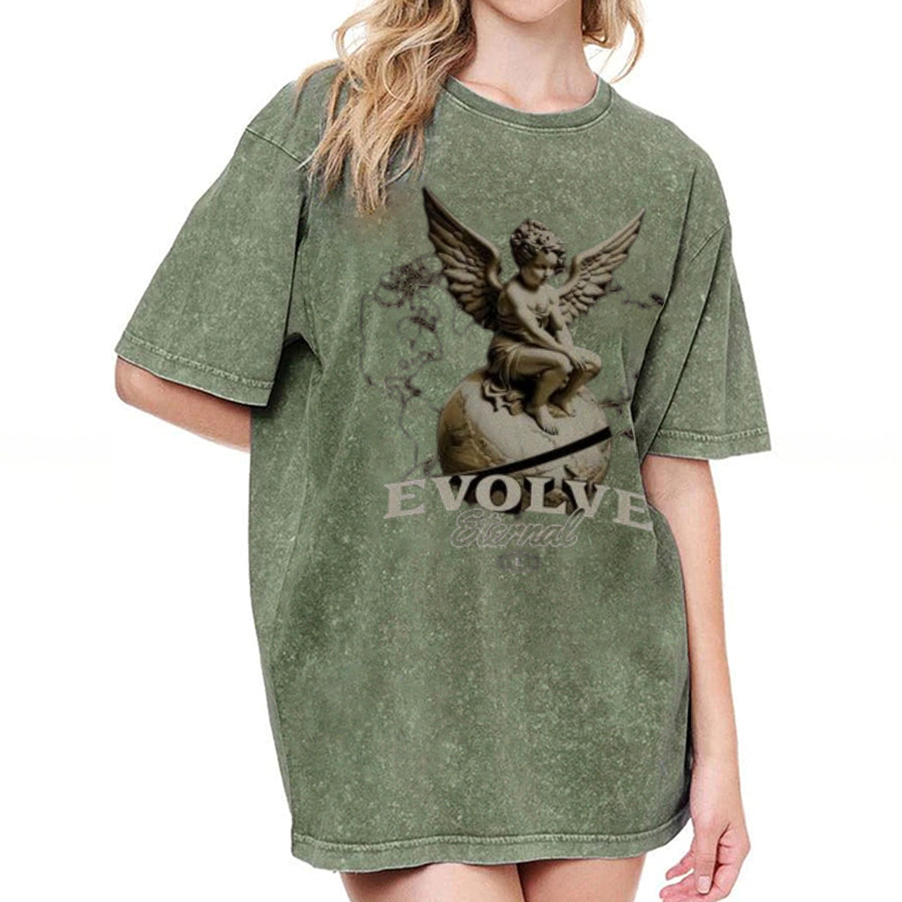 Women Washed Vintage Evolve Angel Graphic Tee