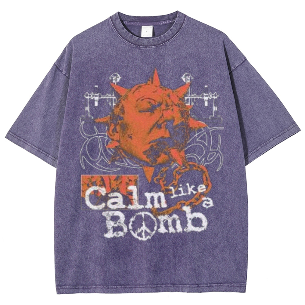 Unisex Vintage Calm Like A Bomb Graphic Short Sleeve Washed T-shirt