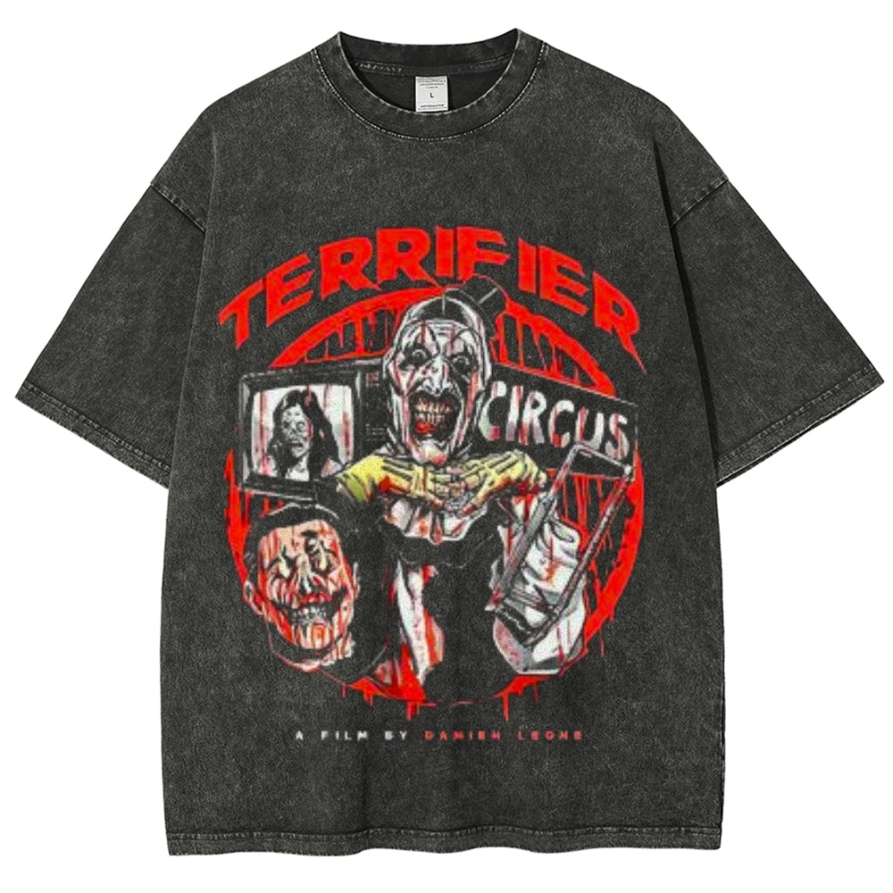 Unisex Vintage Terrifier Horror Graphic Short Sleeve Washed T-shirt