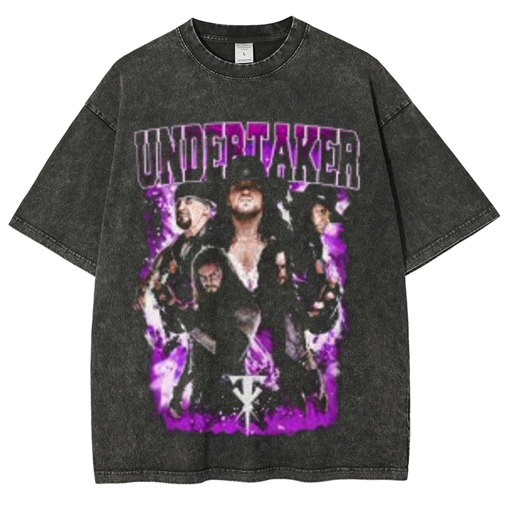 Unisex Vintage Undertaker Darkness Style Graphic Short Sleeve Washed T-shirt