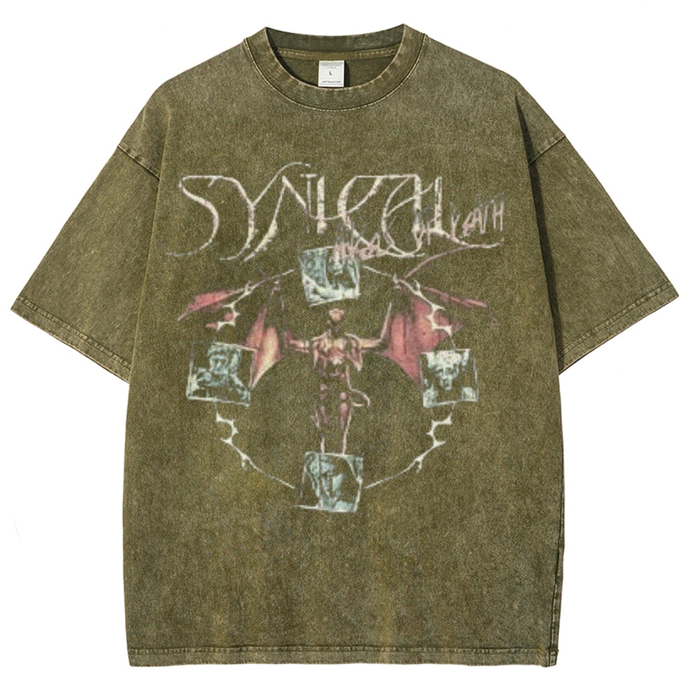 Unisex Vintage Synical Angel Graphic Short Sleeve Washed T-shirt