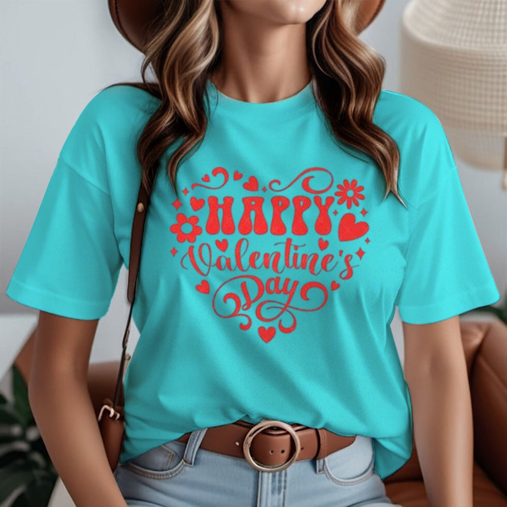 Women Happy Valentine's Day Heart Shape Print Graphic T-shirt