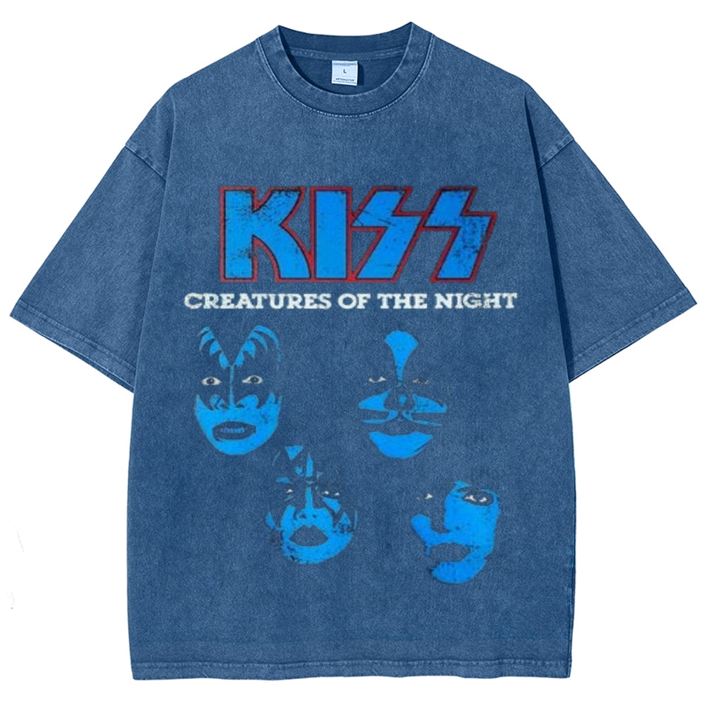 Unisex Vintage The Kiss Rock Band Print Short Sleeve Casual Graphic Washed T-shirt