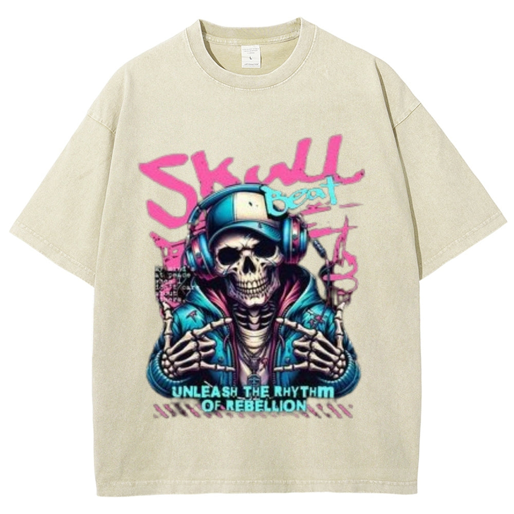 Women Washed Vintage Skull Beat Graphic T-shirt