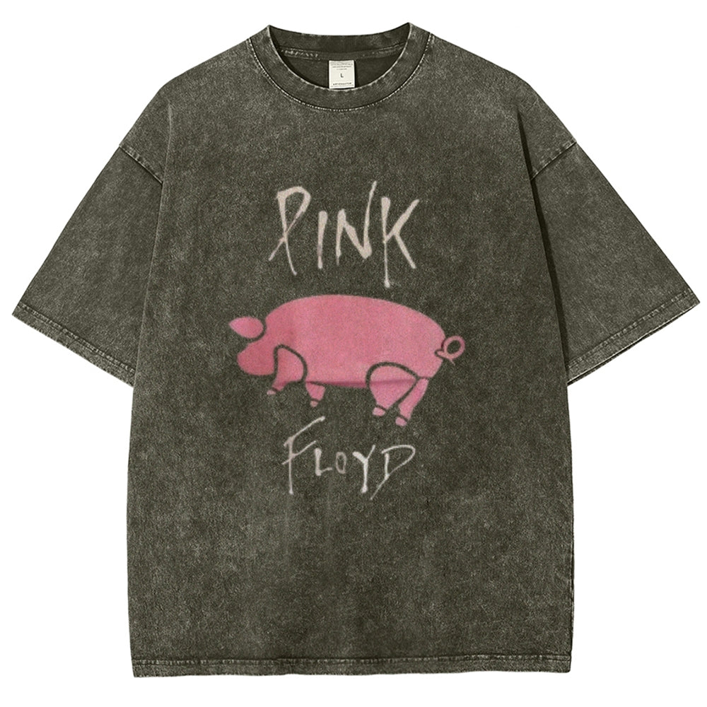 Unisex Vintage The Pink Rock Band Print Short Sleeve Casual Graphic Washed T-shirt