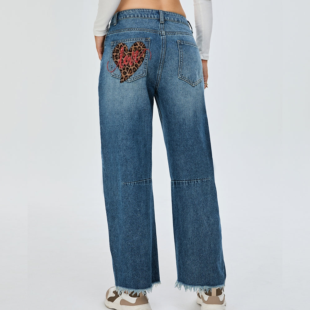 Women Love Leopard Heart Print Graphic Baggy Straight Leg Jean