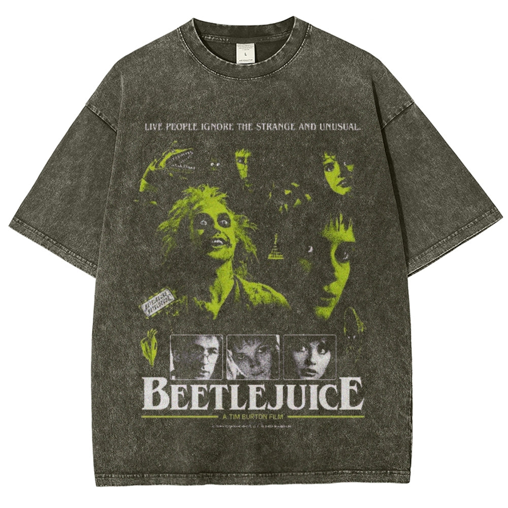 Unisex Vintage The Beetlejuice Horror Graphic Short Sleeve Washed T-shirt