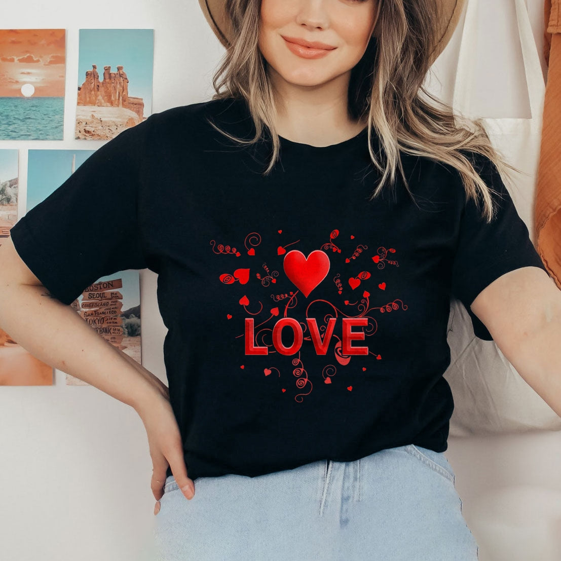 Women Valentine's Day Love Heart Print Graphic T-shirt