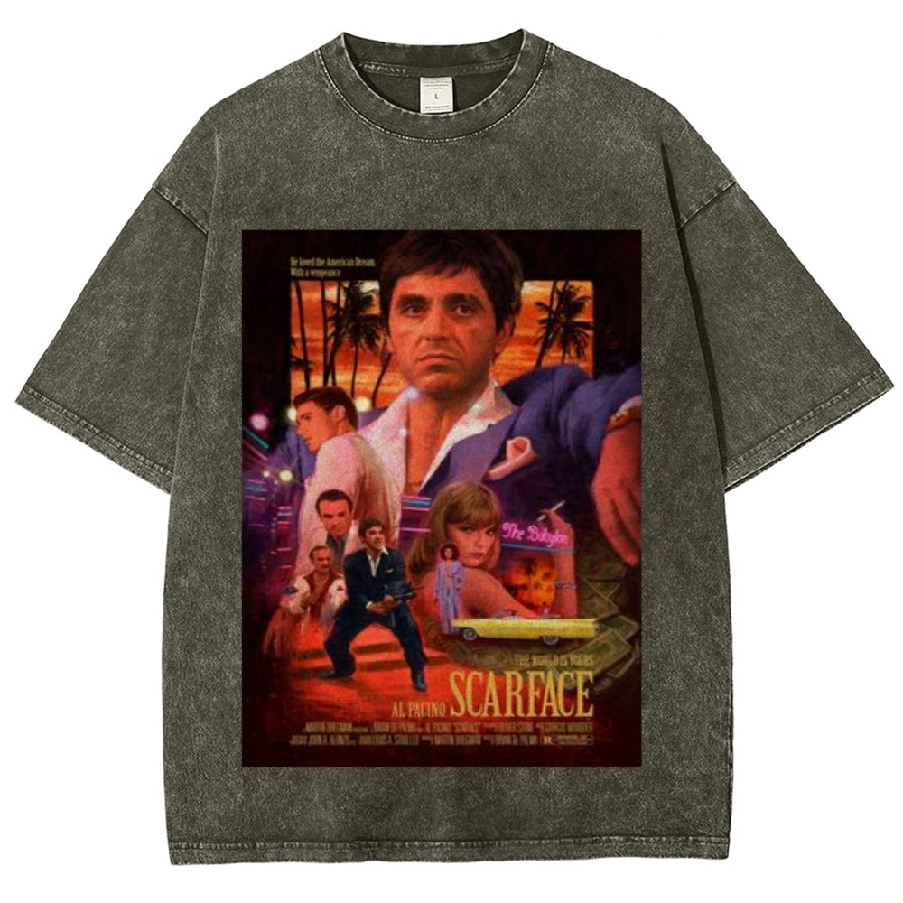 Unisex Vintage Scarface Horror Graphic Short Sleeve Washed T-shirt