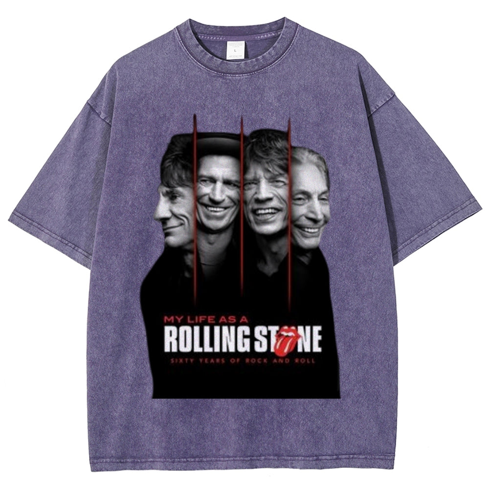 Unisex Vintage The Rolling Stone Rock Band Print Short Sleeve Casual Graphic Washed T-shirt