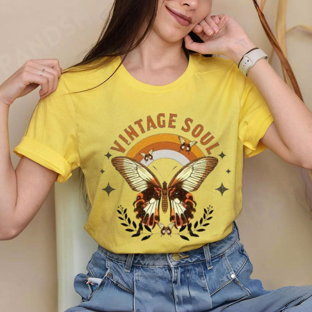 Women Vintage Soul Butterfly Print Graphic T-shirt