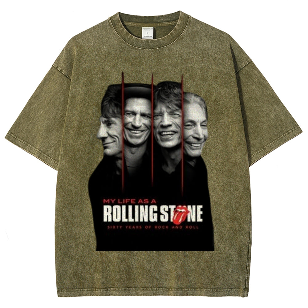 Unisex Vintage The Rolling Stone Rock Band Print Short Sleeve Casual Graphic Washed T-shirt