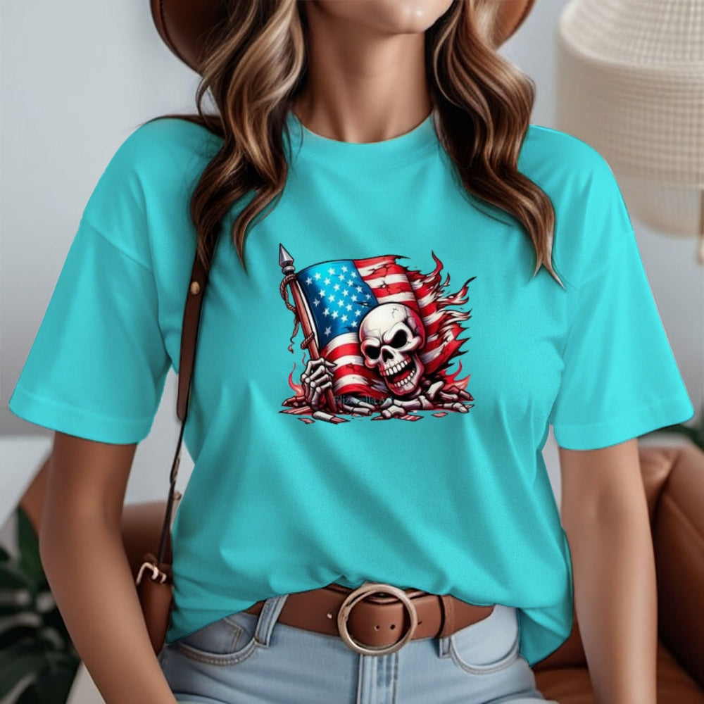 Women Flag Independence Day Skull Print T-shirt