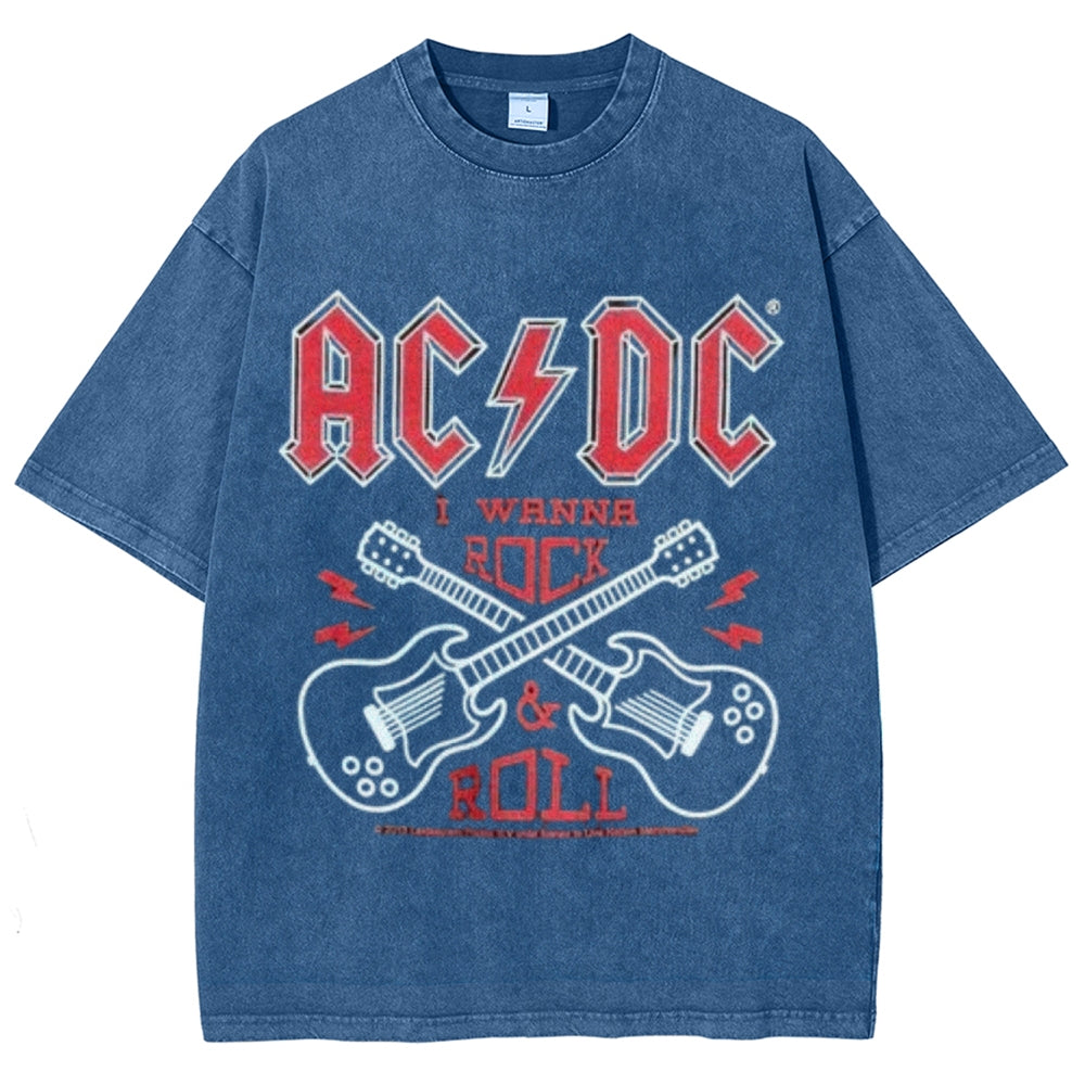 Unisex Vintage The Acdc Rock Band Print Short Sleeve Casual Graphic Washed T-shirt