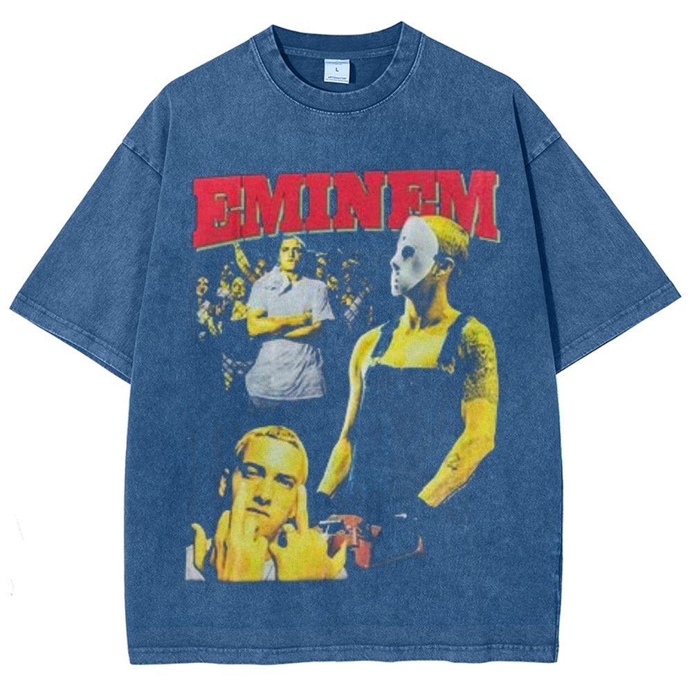 Unisex Vintage Eminem Darkness Style Graphic Short Sleeve Washed T-shirt