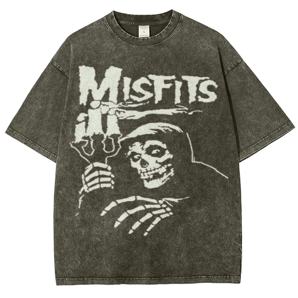 Unisex Vintage The Misfits Rock Band Print Short Sleeve Casual Graphic Washed T-shirt