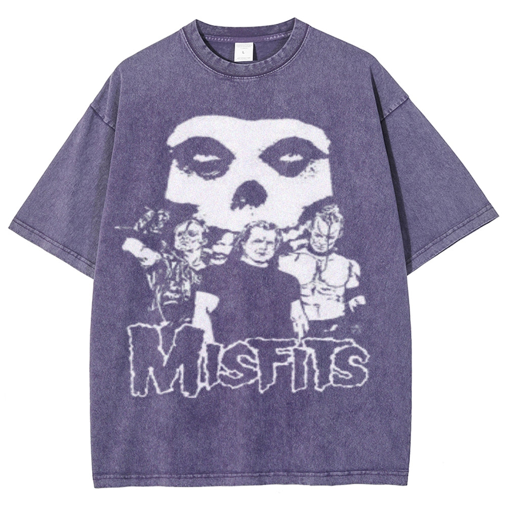 Unisex Vintage The Misfits Rock Band Print Short Sleeve Casual Graphic Washed T-shirt