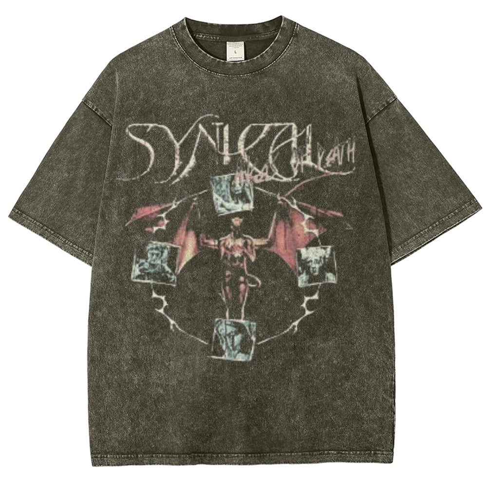 Unisex Vintage Synical Angel Graphic Short Sleeve Washed T-shirt