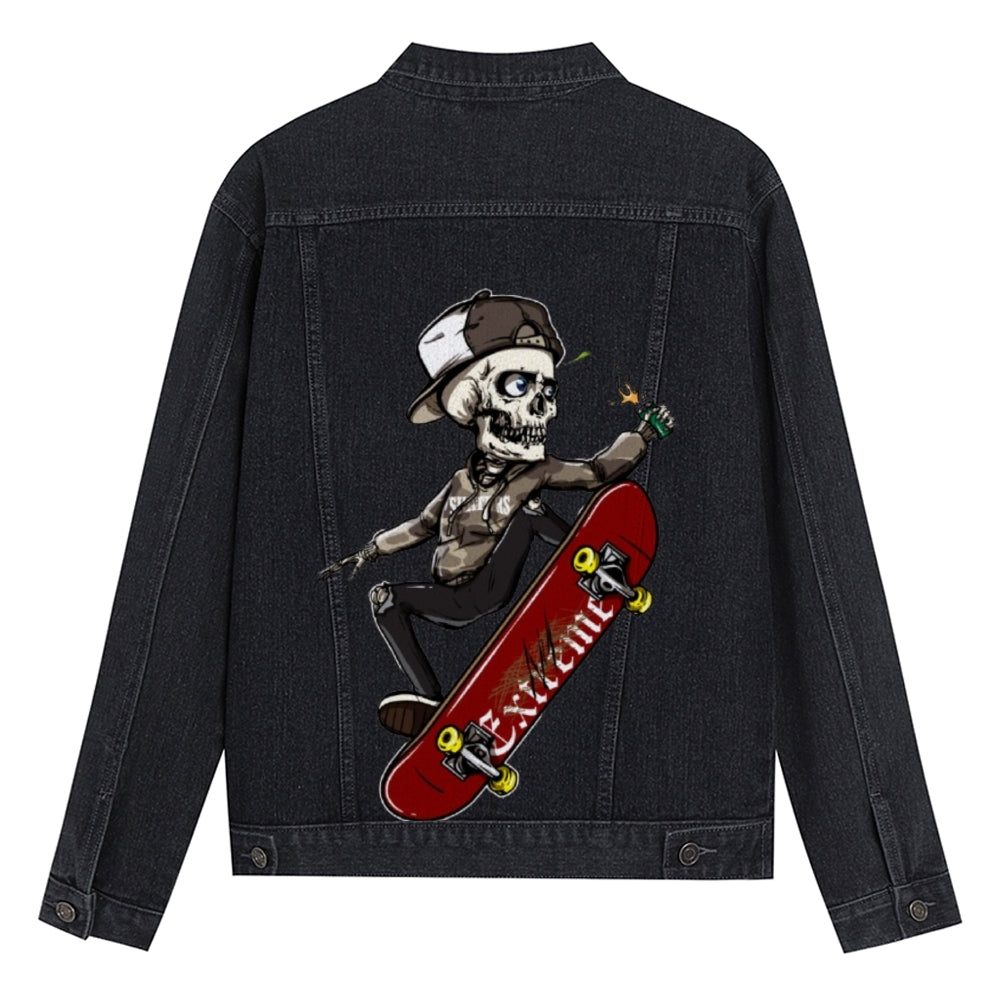 Mens Vintage Skate Cartoon Prints Skeleton Denim Jacket