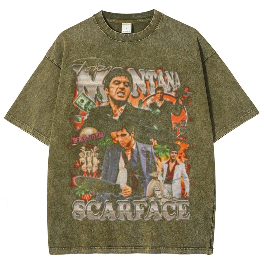 Unisex Vintage Scarface Horror Graphic Short Sleeve Washed T-shirt