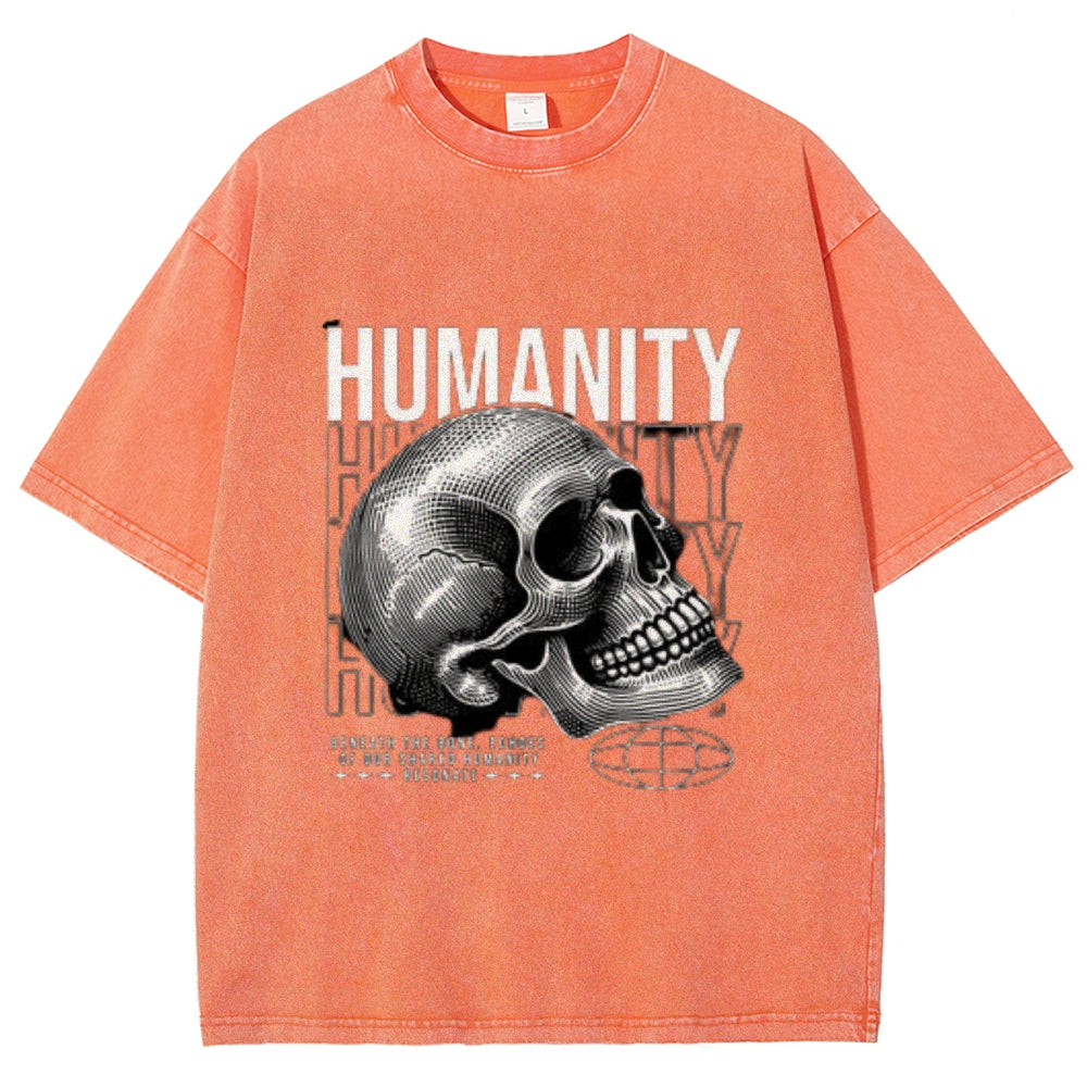 Women Washed Vintage Humanity Skull Graphic T-shirt