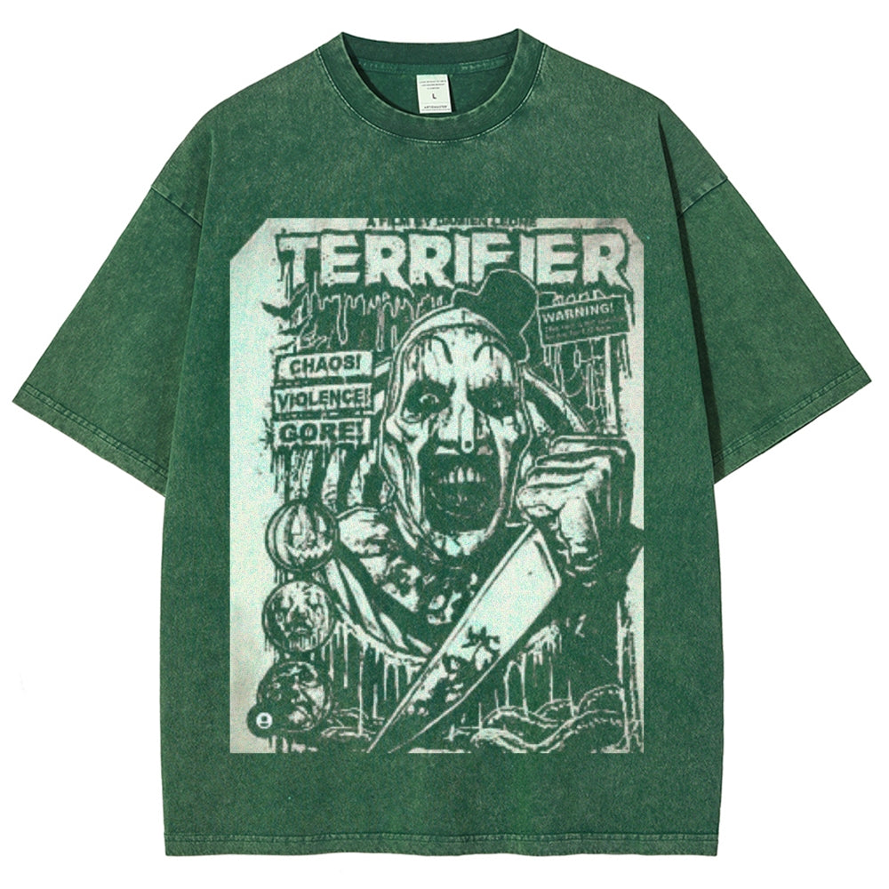 Unisex Vintage Terrifier Horror Graphic Short Sleeve Washed T-shirt