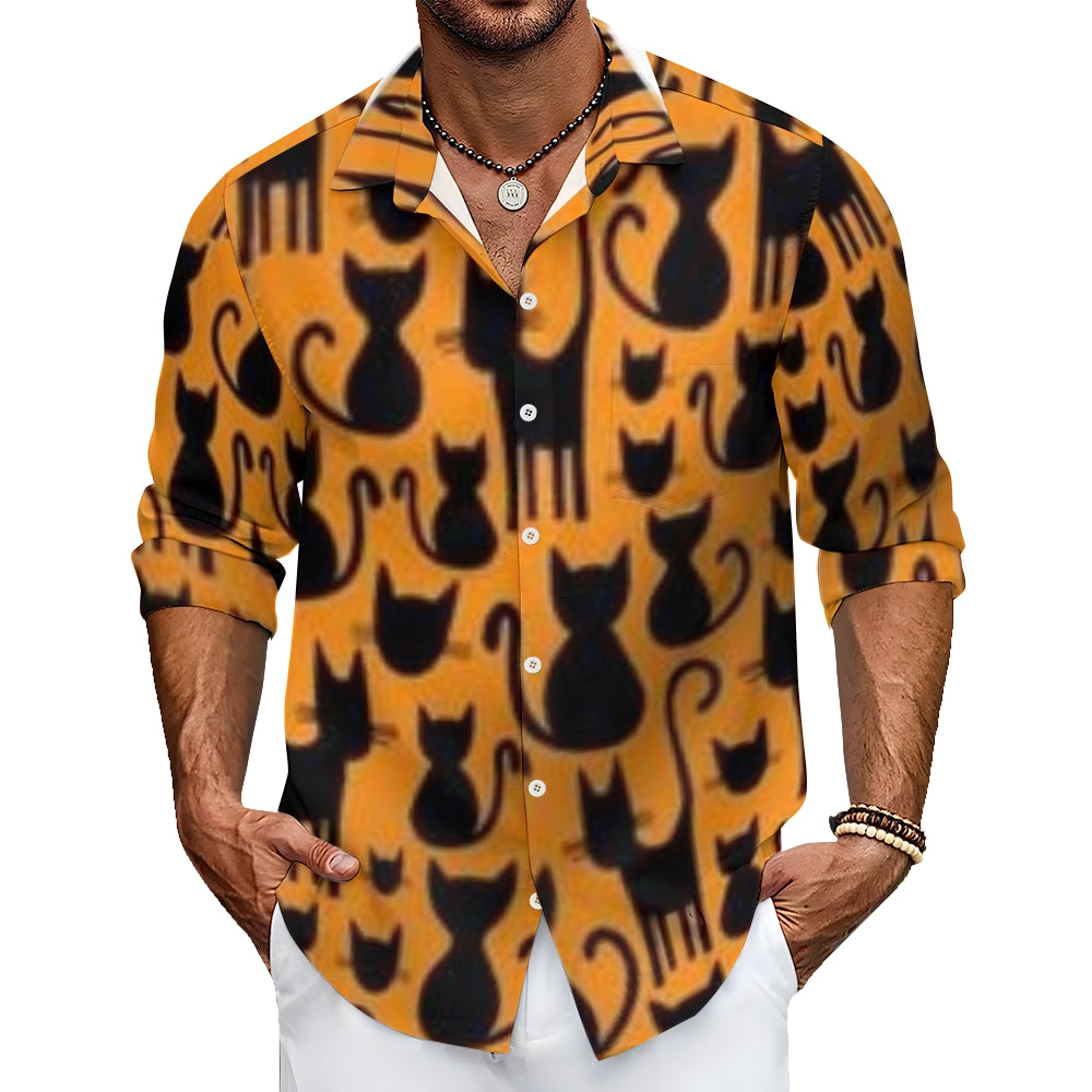 Mens Halloween Cat Print Long Sleeve Shirt