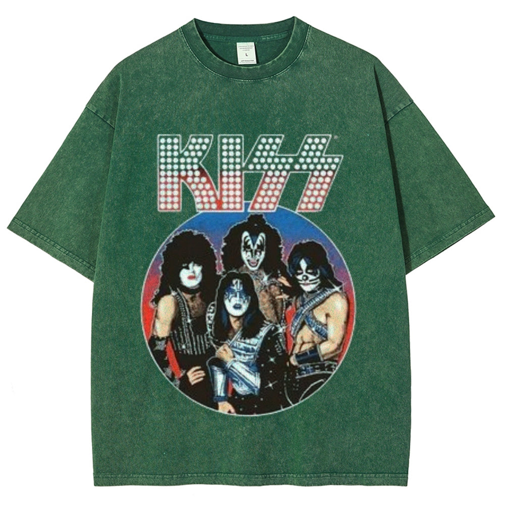 Unisex Vintage The Kiss Rock Band Print Short Sleeve Casual Graphic Washed T-shirt