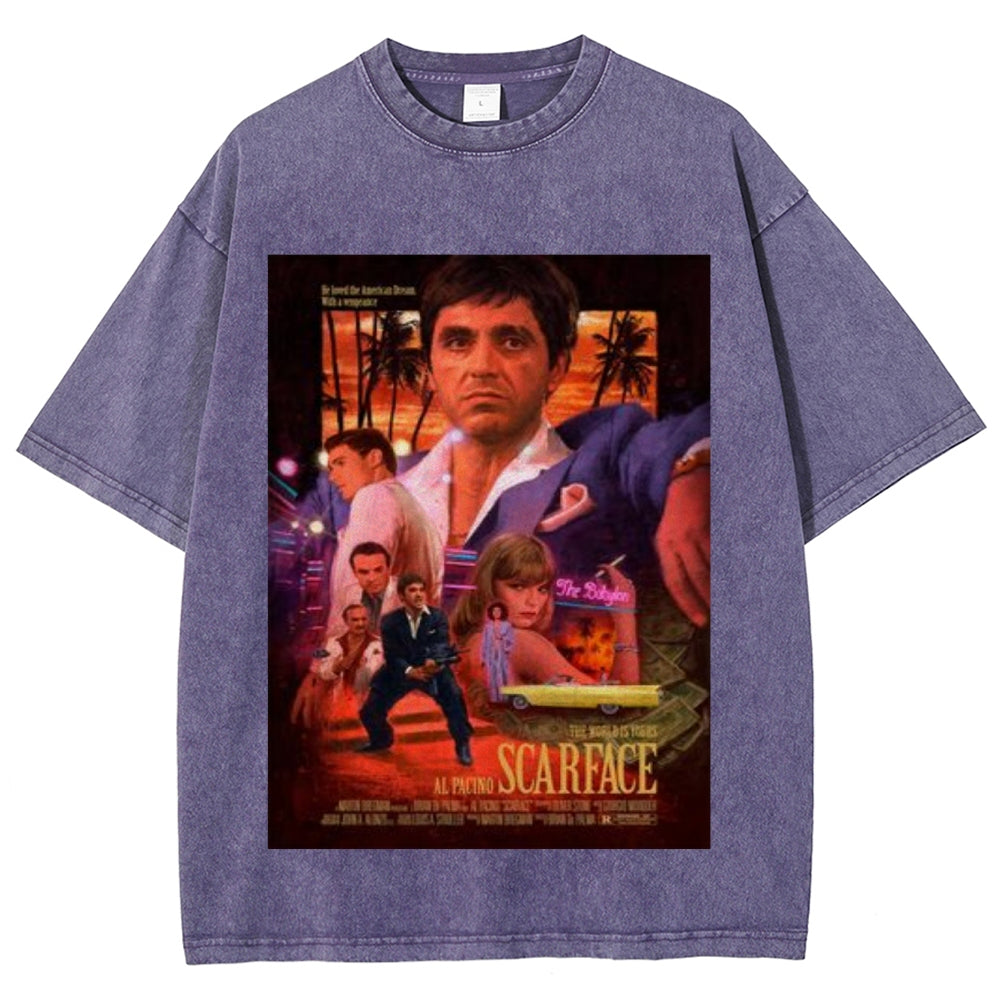 Unisex Vintage Scarface Horror Graphic Short Sleeve Washed T-shirt