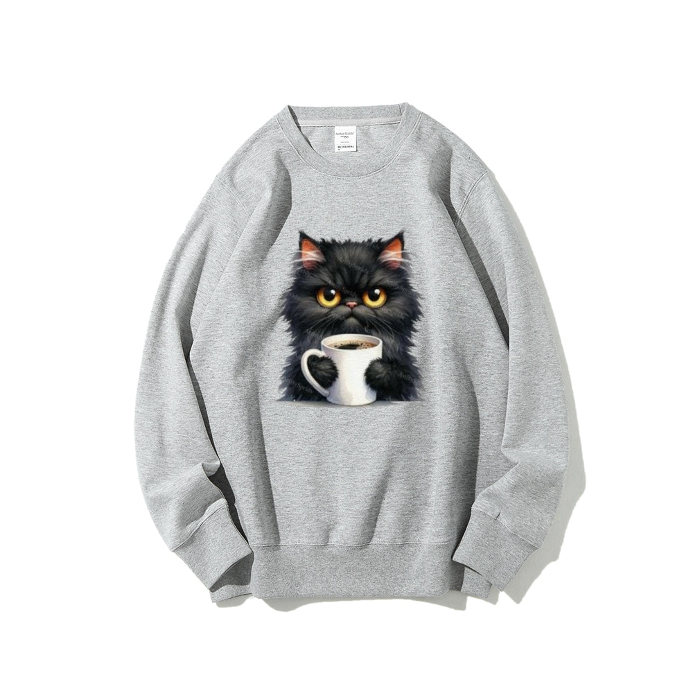 Black Cat with Coffee Cup Graphic Sweatshirts