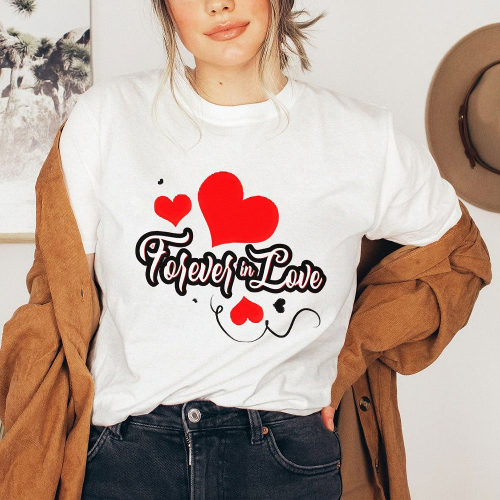 Women Valentine's Day Forever Love Heart Print Graphic T-shirt