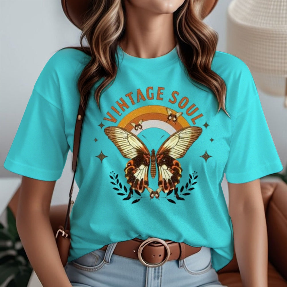 Women Vintage Soul Butterfly Print Graphic T-shirt