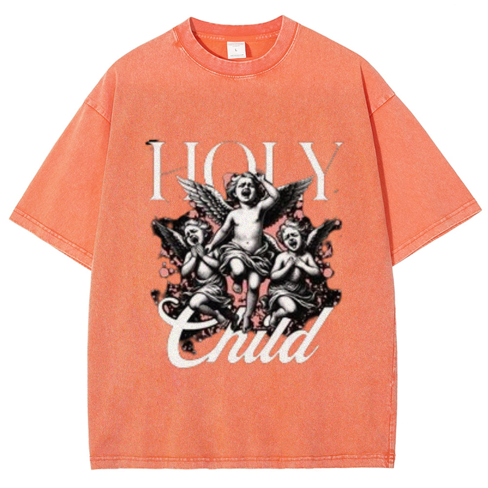 Women Washed Vintage Holy Child Graphic T-shirt