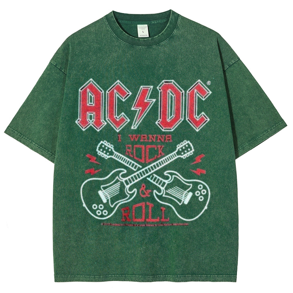 Unisex Vintage The Acdc Rock Band Print Short Sleeve Casual Graphic Washed T-shirt