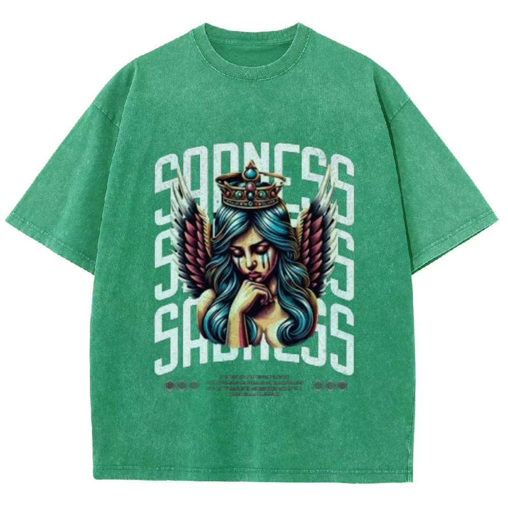 Women Washed Vintage Sading Angel Graphic T-shirt