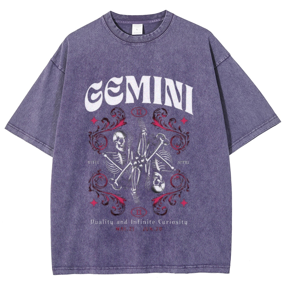 Women Washed Vintage Gemini Skull Graphic T-shirt